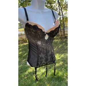 Victorias Secret Black Lace & Mesh Bustier With Attached Garters Size 36D